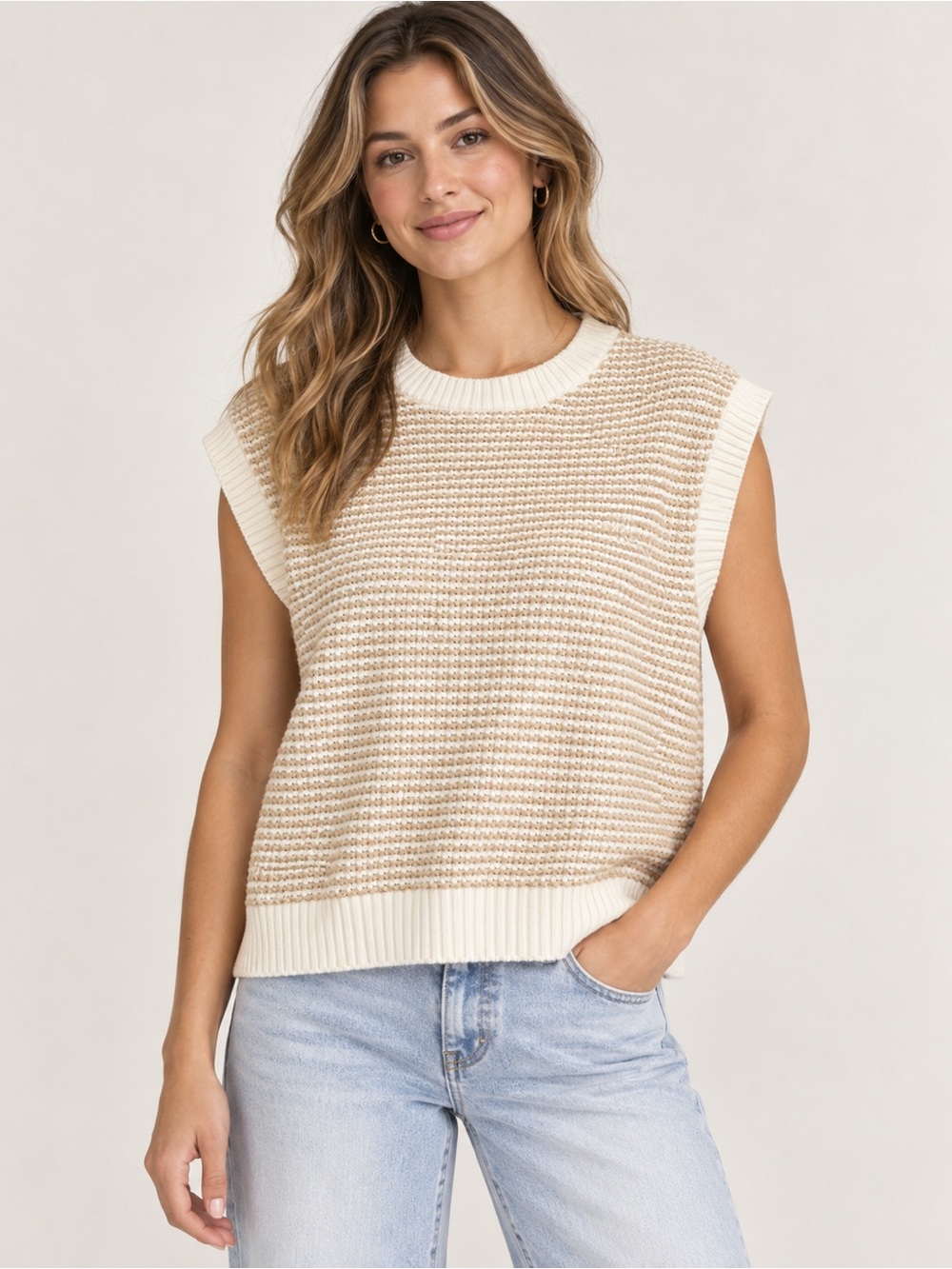 Textured Sleeveless Crewneck Sweater Vest in Cream and Beige